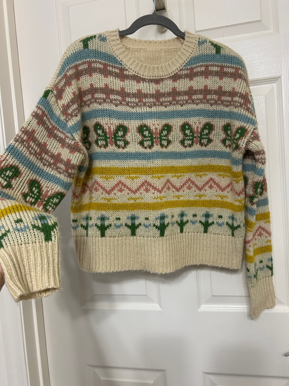 Floral Long Sleeve Sweater Tan Pink Blue Gold Green Medium-Thickness sz Medium